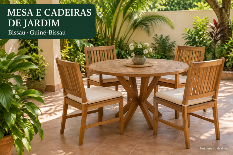 Mesa de jardim em madeira com 4 cadeiras — conjunto em bom estado